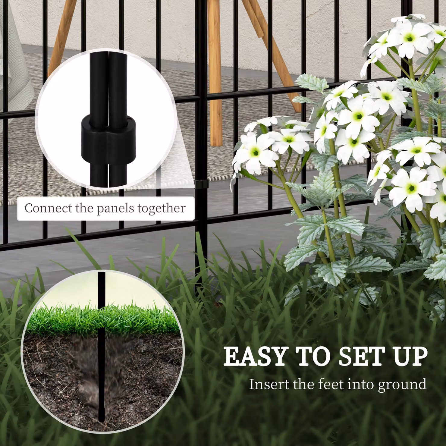 Outsunny Set of 8 Black Powder-Coated Metal Decorative Outdoor Palisade Picket Fence Panels – 3