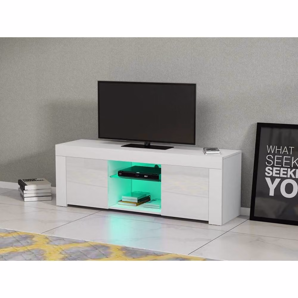 FORGEVIO Modern White Glossy TV Unit Stand with Integrated Lighting and Glass Details – 3
