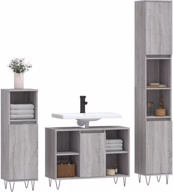 Berkfield Home Modern 3 Piece Grey Bathroom Furniture Set including Tall Cabinet, Side Cabinet and Vanity Unit – 1