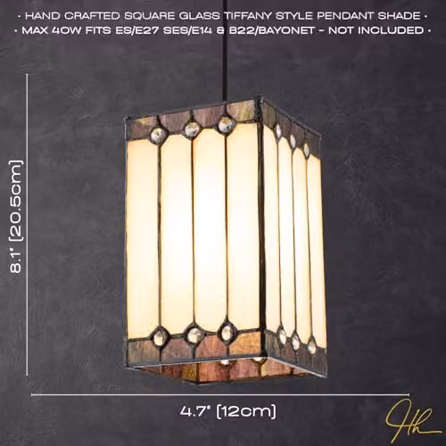 Happy Homewares Classic Square Stained Glass Tiffany Pendant Shade in White, Green and Purple with Transparent Accents W/D/H: 20 x 12 x 12 cm – 2
