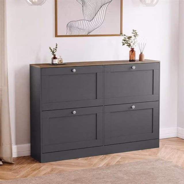 Kelvenix Modern Grey and Oak 4 Drawer Shoe Cabinet with Tilting Compartments – 1