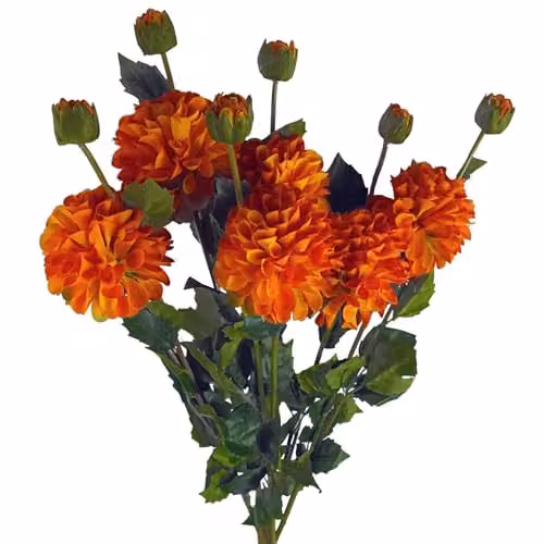 Leaf Pack of 6 Orange Artificial Dahlia PomPom Flower Stems, Height: 75 cm