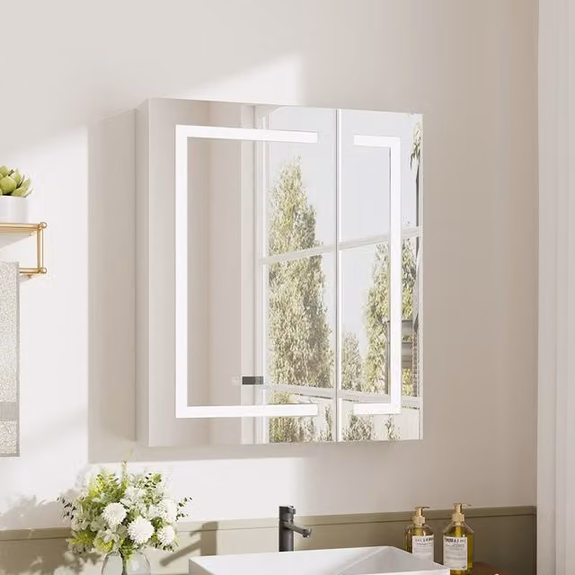 Livingandhome Modern Silver Bathroom 2-Door LED Mirror Cabinet with Shaver Socket and Anti-Fog Feature