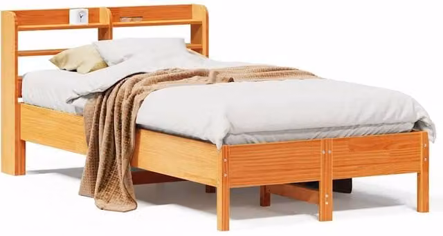 Berkfield Home Solid Wood Pine Bed Frame in Waxed Brown with Side Compartments, W/D/H: 100 x 200 cm