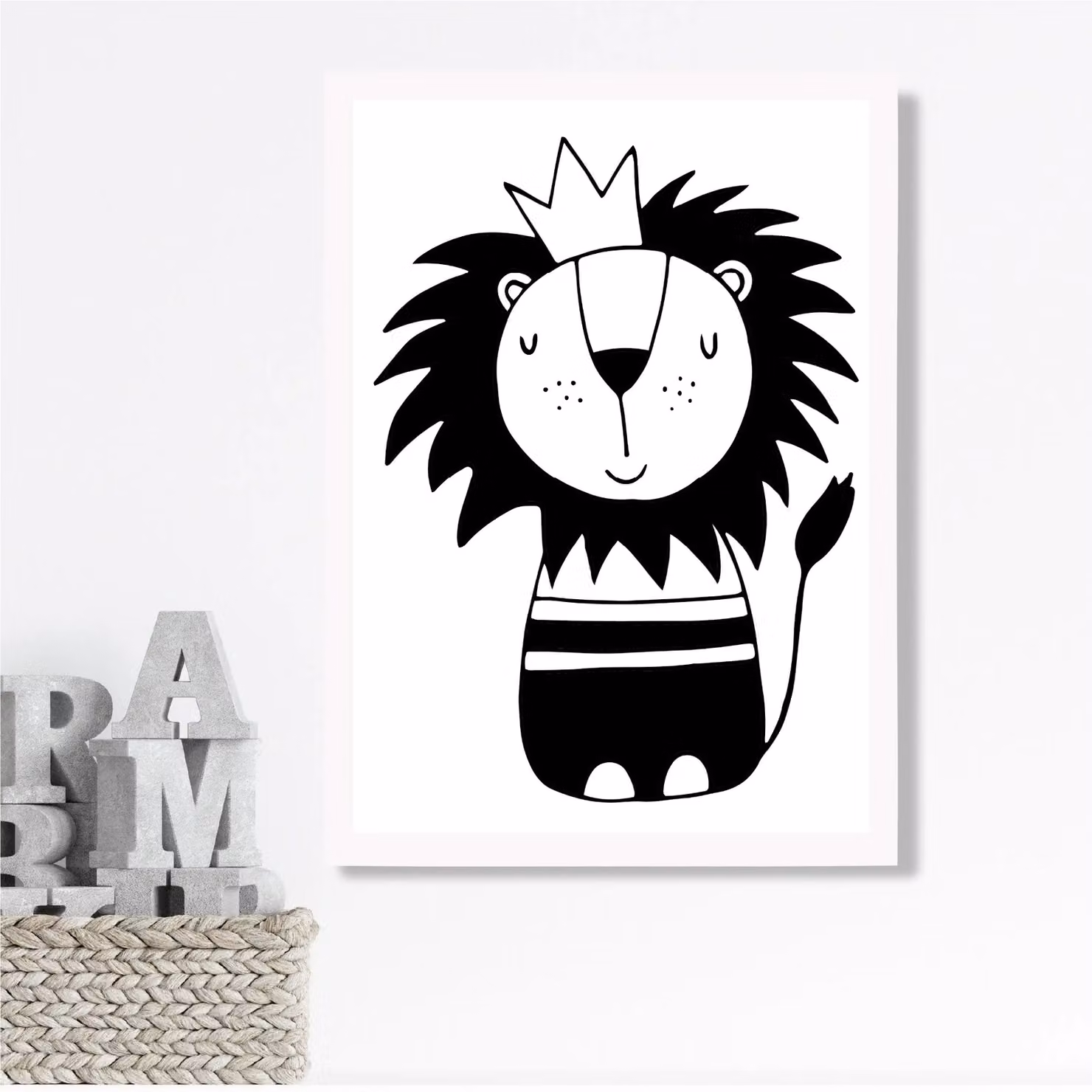 ARTZE Cute Black Lion Scandi Animal Framed Print in White – 2