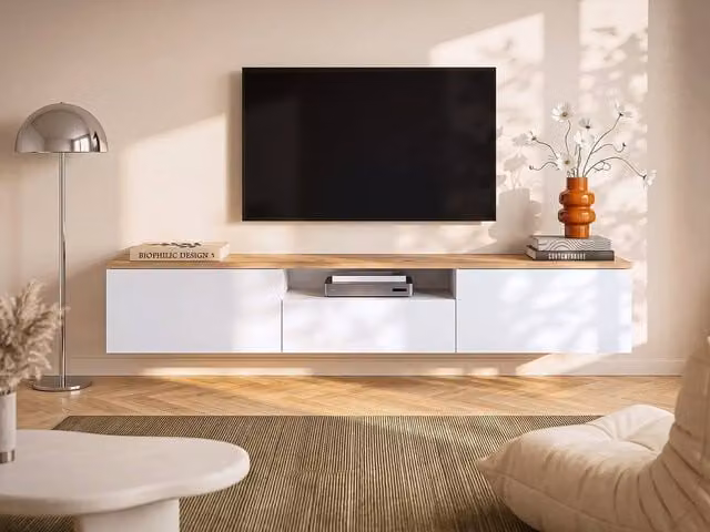 Vente-unique Wall-Mounted Modern TV Unit with 3 Doors and 1 Open Shelf in White and Light Oak