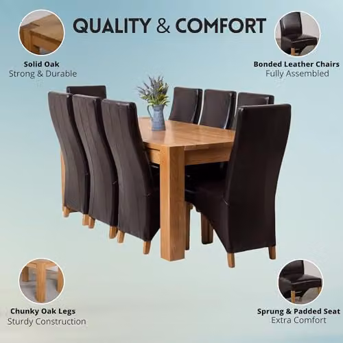 Thats Furniture Kuba Oak Dining Table and 8 Lola Brown Leather Chairs Set W: 180 cm, D: 90 cm – 3