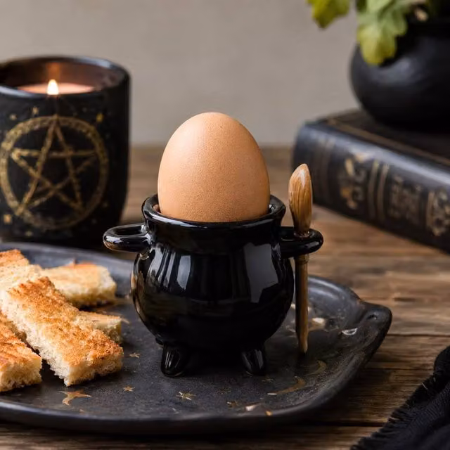 Marco Paul Black Cauldron Egg Cup with Broom Spoon in Bone China and Ceramic, 100g – 1