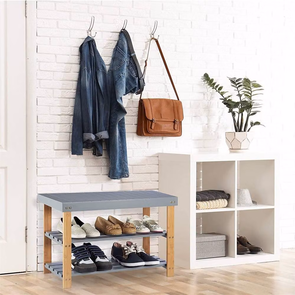 SPETLEK 3 Tier Bamboo Shoe Rack Bench Hallway Storage Organiser in Grey, W/D/H: 70 x 28 x 45 cm – 3