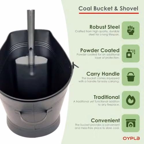 Oypla Heavy Duty Steel Fireplace Coal Bucket Scuttle Hod with Shovel, Black, W/D/H: 39.0 x 36.0 x 36.5 cm – 4