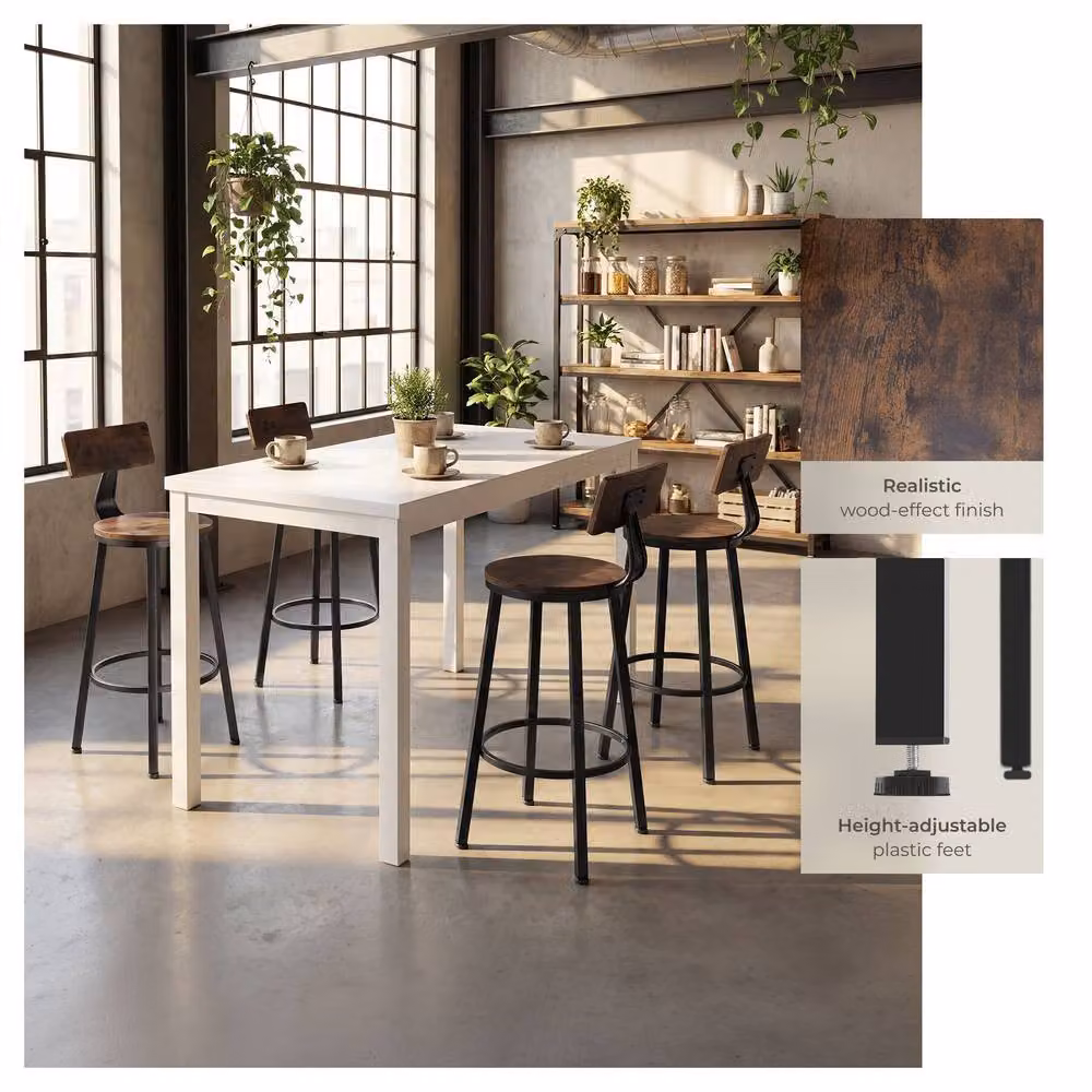 tectake Poole Industrial Set of 4 Bar Stools in Brown Wood and Metal – 4