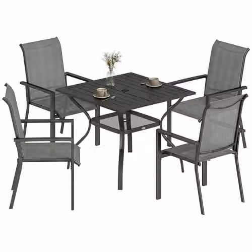 Outsunny 5 Piece Garden Dining Set for 4 with Parasol Hole, Dark Grey – 1