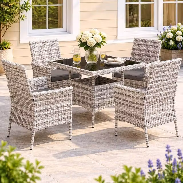 STILVORA 4-Seater Modern Dining Set with Grey Tempered Glass, Rattan and Metal Design