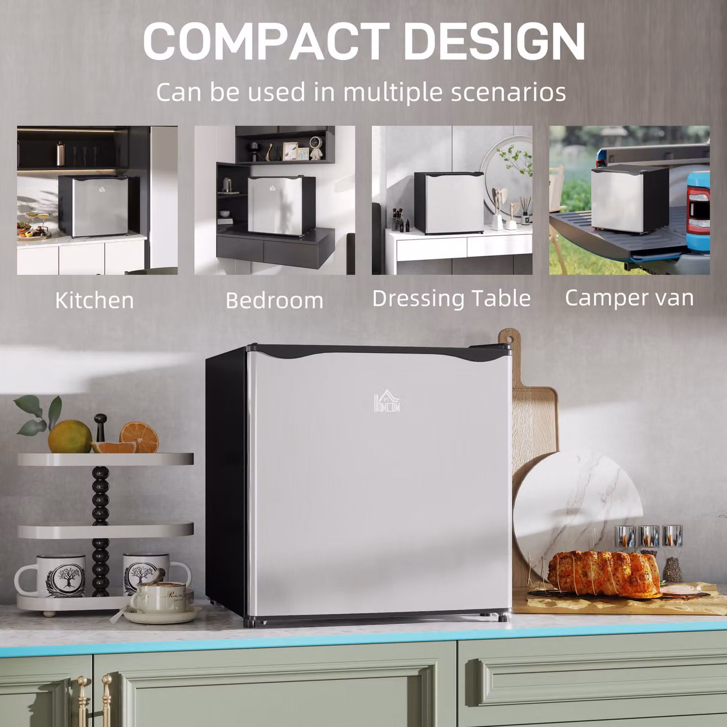 HOMCOM 46 Litre Table Top Mini Fridge with Ice Box and Reversible Door in Silver Tone – 6