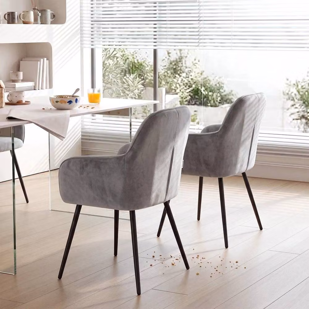 KORVIXA Set of 2 Modern Grey Matte Velvet Dining Chairs with Metal Frame – 4