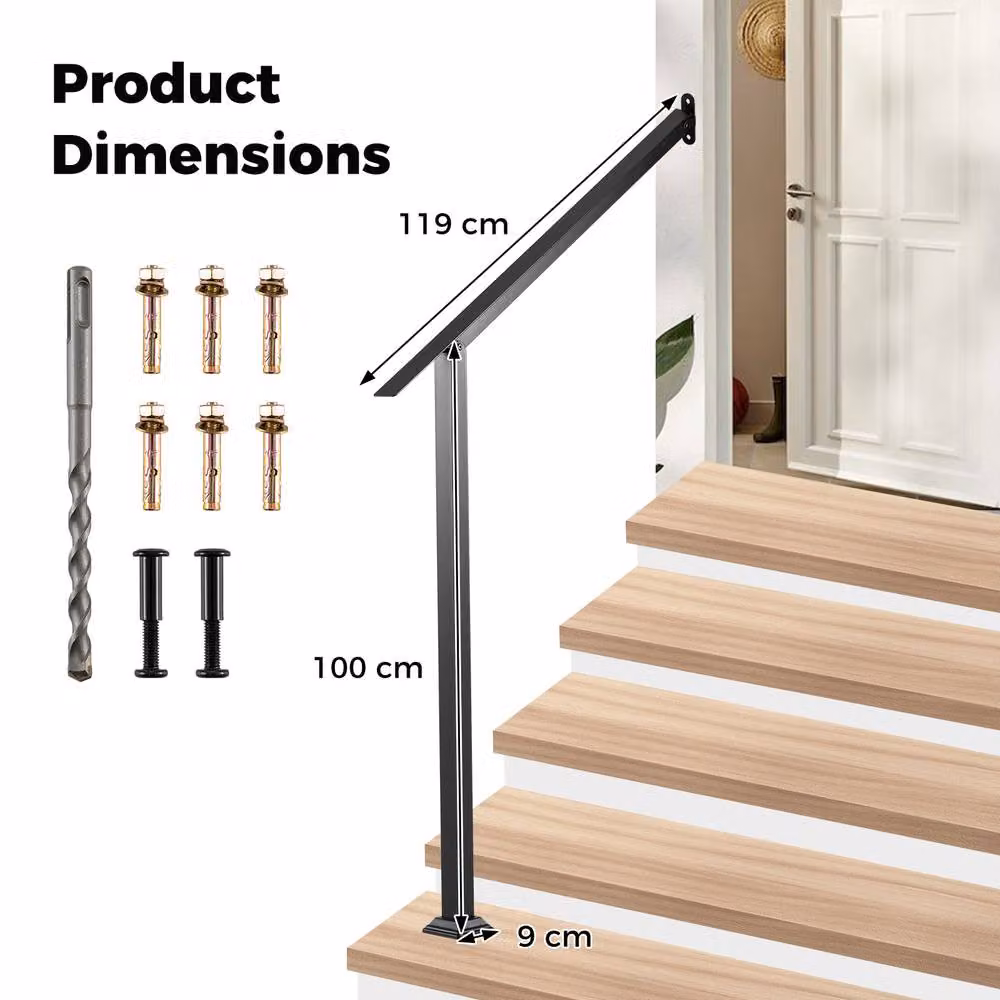 Gymax Adjustable 4-Step Wall Mounted Outdoor Stair Handrail in Black Galvanised Steel – 2