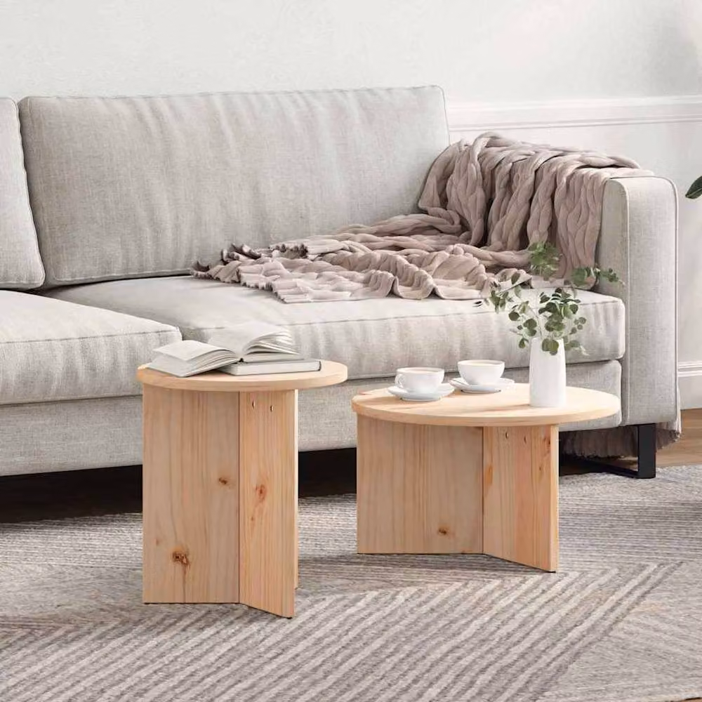 Berkfield Home 2-Piece Round Nested Coffee Table Set in Light Brown Natural Solid Pine Wood – 2