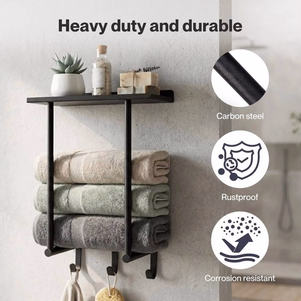 Kelvenix Wall Mounted Metal Towel Rack Shelf with Hooks in Black, W: 50.0 cm, H: 30.0 cm, D: 16.0 cm – 2