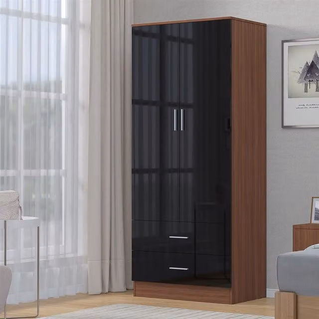 REFLECT 2 Door 2 Drawer Wardrobe with Black High Gloss and Matt Walnut Finish