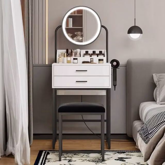 EONLION Modern White Dressing Table Set with Hollywood LED Mirror and 2 Drawers, Width: 100 cm – 1