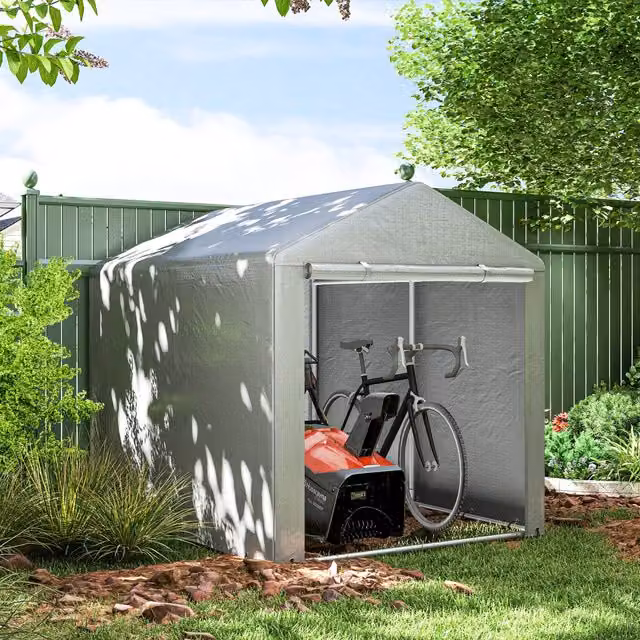 Outsunny Portable Garden Storage Shed Tent with Single Door and Gable Roof, Light Grey, W: 220 cm, D: 160 cm, H: 160 cm