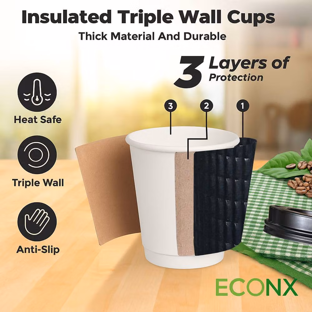 ECONX 200 x 4oz Black Triple Layer Ripple Disposable Kraft Paper Coffee Cups with Lids – 3