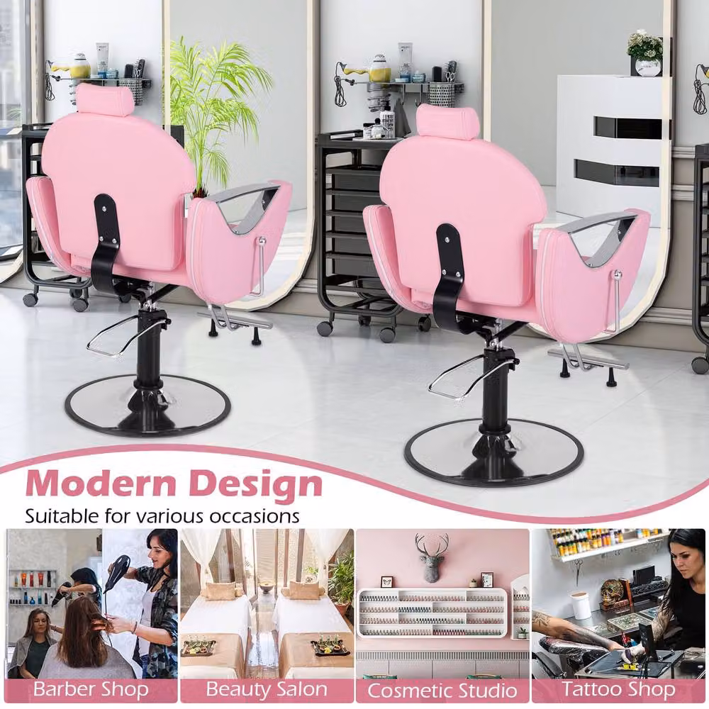 Gymax Reclining Salon Barber Chair with 360 Degree Swivel in Pink – 4