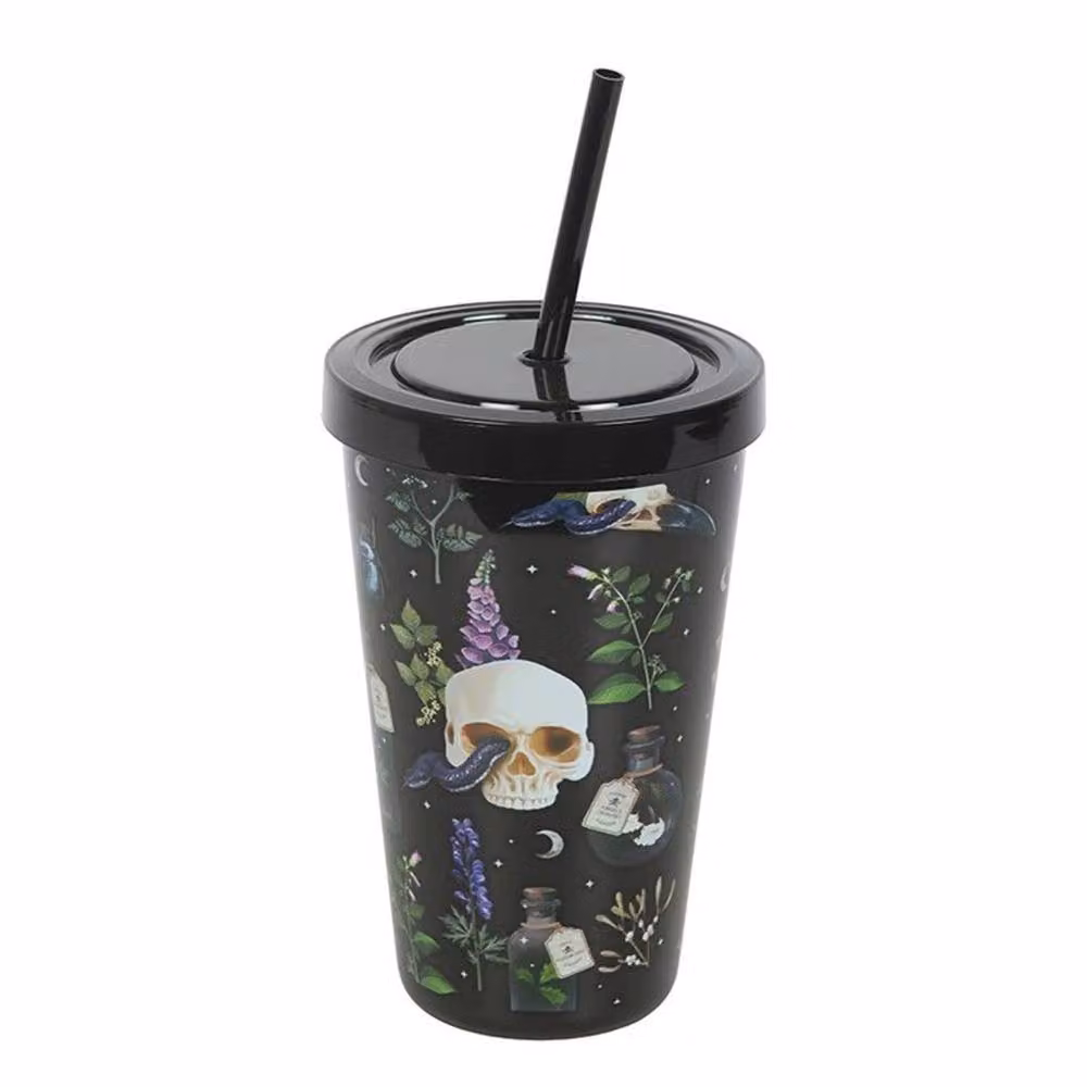 Uniqueful Venom & Vines Print Tumbler with Straw, Black, 550ml – 2