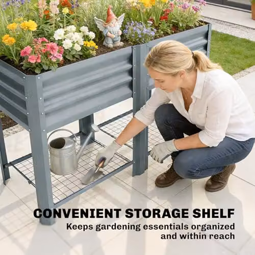 Outsunny Metal Raised Garden Bed with Storage Shelf in Grey, W/D/H: 120 x 55 x 80 cm – 6