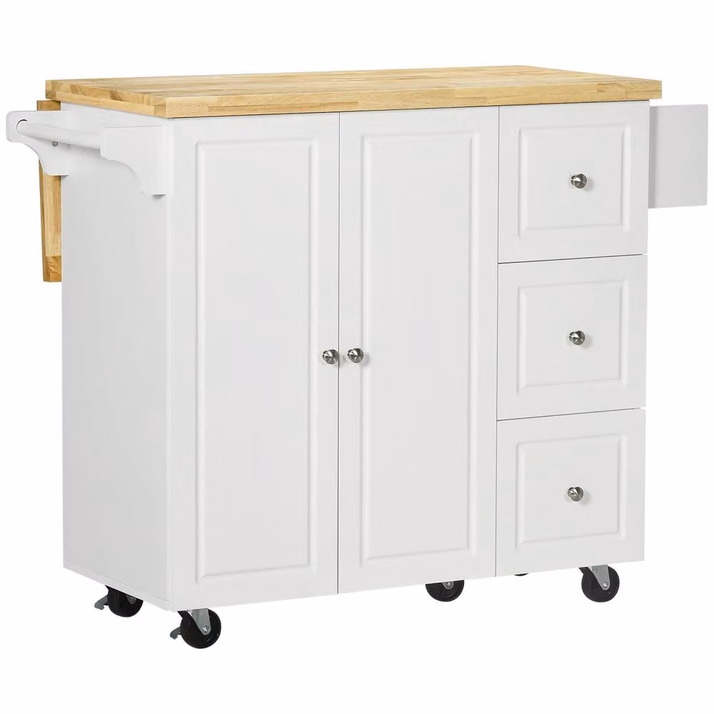 Wyld Haus Tanalo White Rolling Kitchen Island with Drop Leaf Top and Drawers – 2