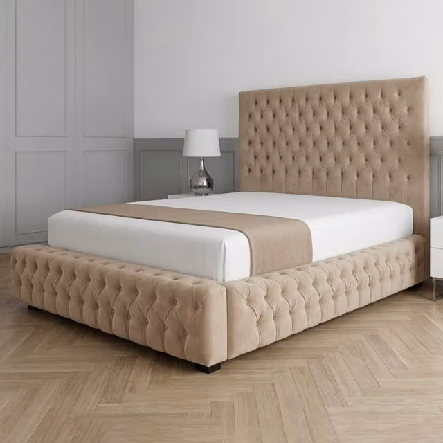 Living Comfort Bedz Countess Super King Plush Velvet Upholstered Bed with Slatted Base and 48 Inch Headboard in Beige