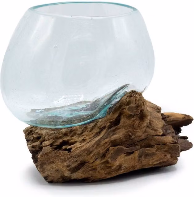 Serenityy Molten Glass on Wood Decorative Tabletop Bowl in Transparent, W/D/H: 20.5 x 20.5 x 13.0 cm