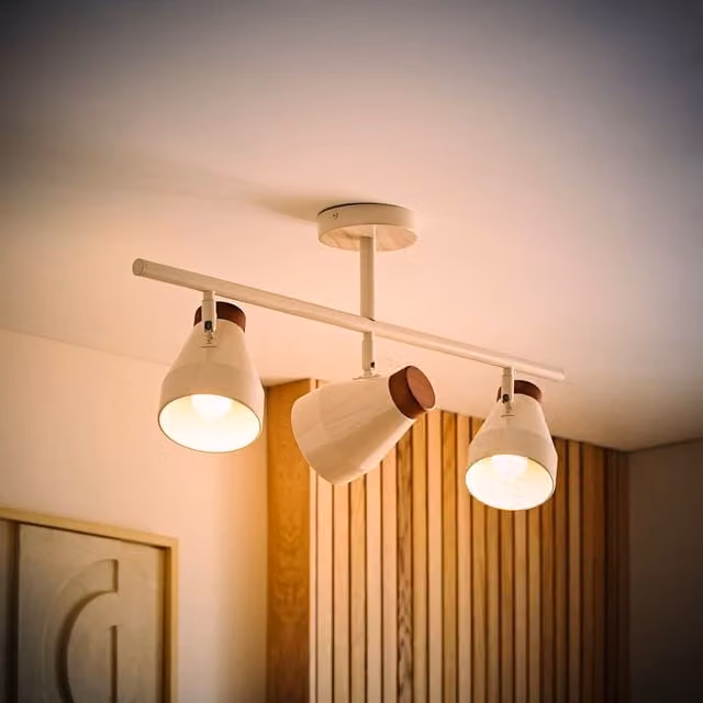 Parker Mid-Century Walnut and Metal 3-Way Bar Ceiling Light in White and Beige