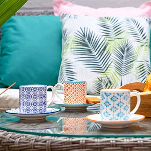 Nicola Spring 12 Piece Hand Printed Porcelain Espresso Cup and Saucer Set, 65ml, Blue, Orange and Multicolour – 2