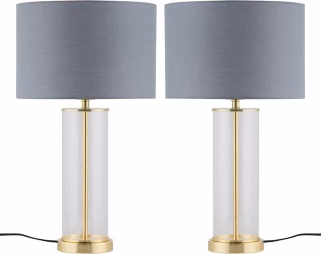 First Choice Lighting Set of 2 Aura Table Lamps in Satin Brass with Grey Fabric Shades
