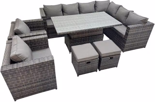 Fimous 10 Seater Rattan Corner Sofa Set with 2 Chairs and 2 Small Stools in Dark Grey