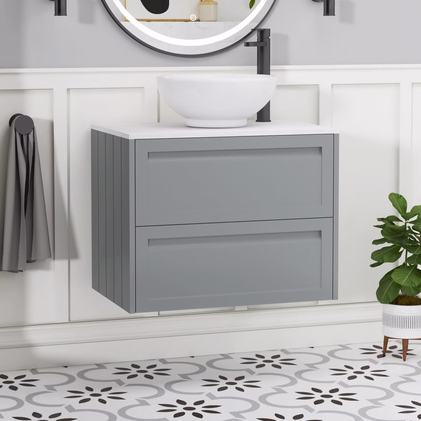 Royal Bathrooms Elmore Wall Hung Countertop Vanity Unit with Breeze Basin, Matt Pebble Grey, W: 70 cm
