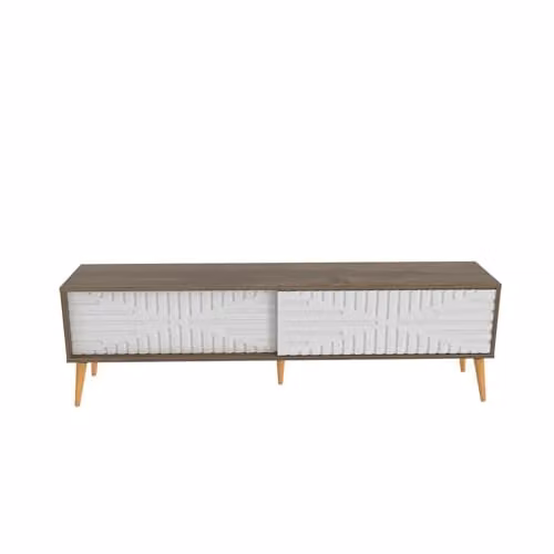 DECOROTIKA Riso Modern TV Stand with Sliding MDF Doors and Solid Wood Legs, White and Brown, W: 180 cm, H: 54 cm, D: 35 cm