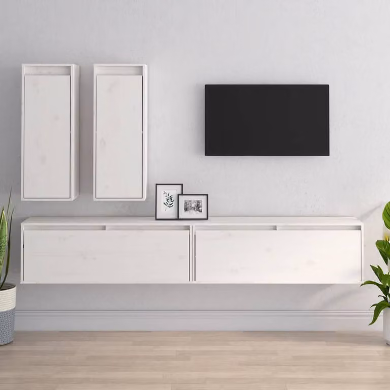 Berkfield Home Set of 4 White Solid Pine Wall Mounted Cabinets with Hinged Doors and Internal Shelves