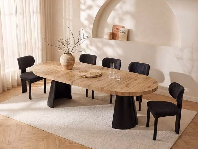 Vente-unique Extendable Dining Table in Light Oak MDF and Black Metal, W/D/H: 120 x 70 x 76 cm