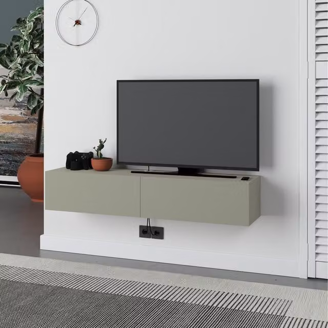 HOCUS PICUS Modern Floating TV Stand with 2 Door Storage Cabinet in Ash Green – 1