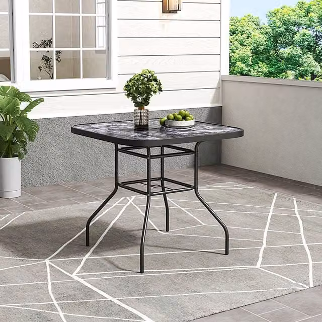 Breeins Black Marble Effect Garden Table with Square Tempered Glass, W: 80 cm, H: 72.5 cm