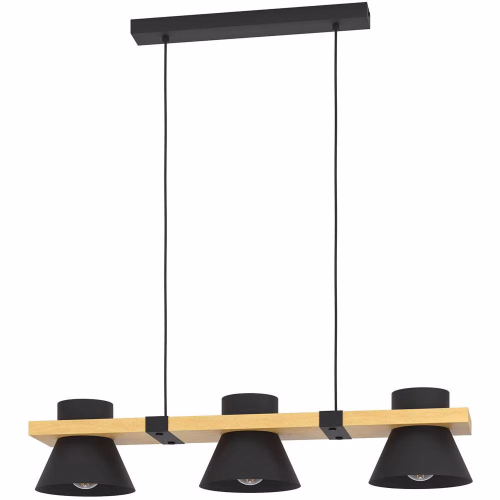 Loops Modern Triple Pendant Ceiling Light in Black and Brown with Wood and Metal Details – 2