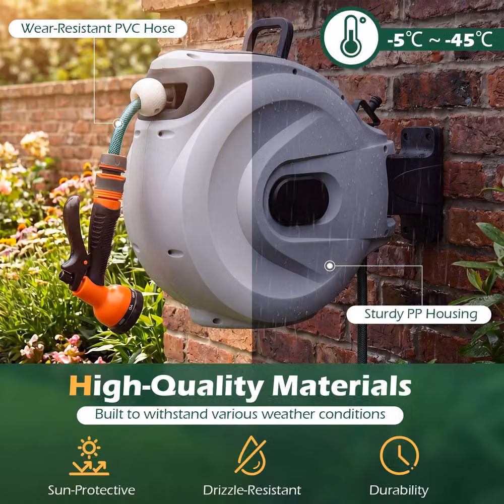 Gymax Retractable Hose Reel with Auto-Rewind and Wall Mount, 1/2 Inch, 30m + 2m, Grey – 7