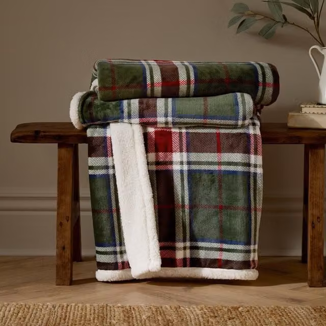 Braemar Green Multicolour Checked Sherpa Tartan Fleece Throw