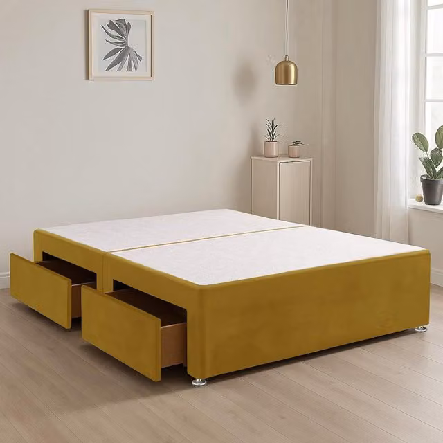 Bed Time UK Plush Fabric Divan Bed Base with 2 Storage Drawers, Yellow, W/D/H: 200 x 200 cm, Super King