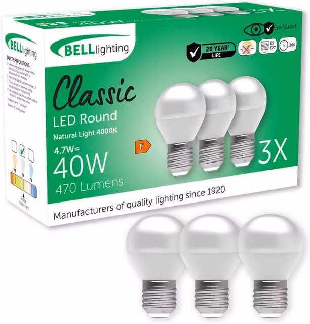 BELL Lighting E27 LED Golf Ball Light Bulb, 4.7 W, Cool White 4000K, Non-Dimmable
