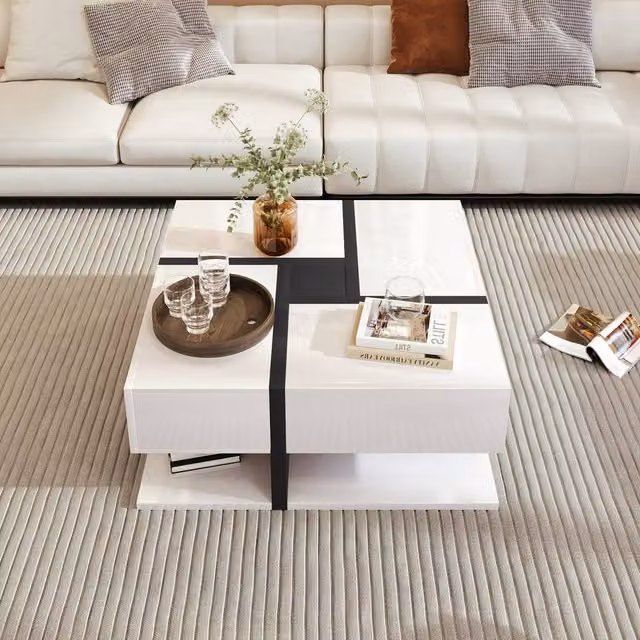 HomeTouch Modern Square Geometric Coffee Table with 4 Storage Drawers in White
