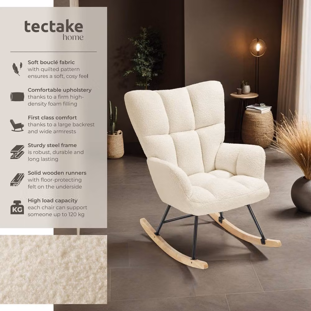 tectake Torve Rocking Chair with Beige Bouclé Fabric and Wooden Runners – 2