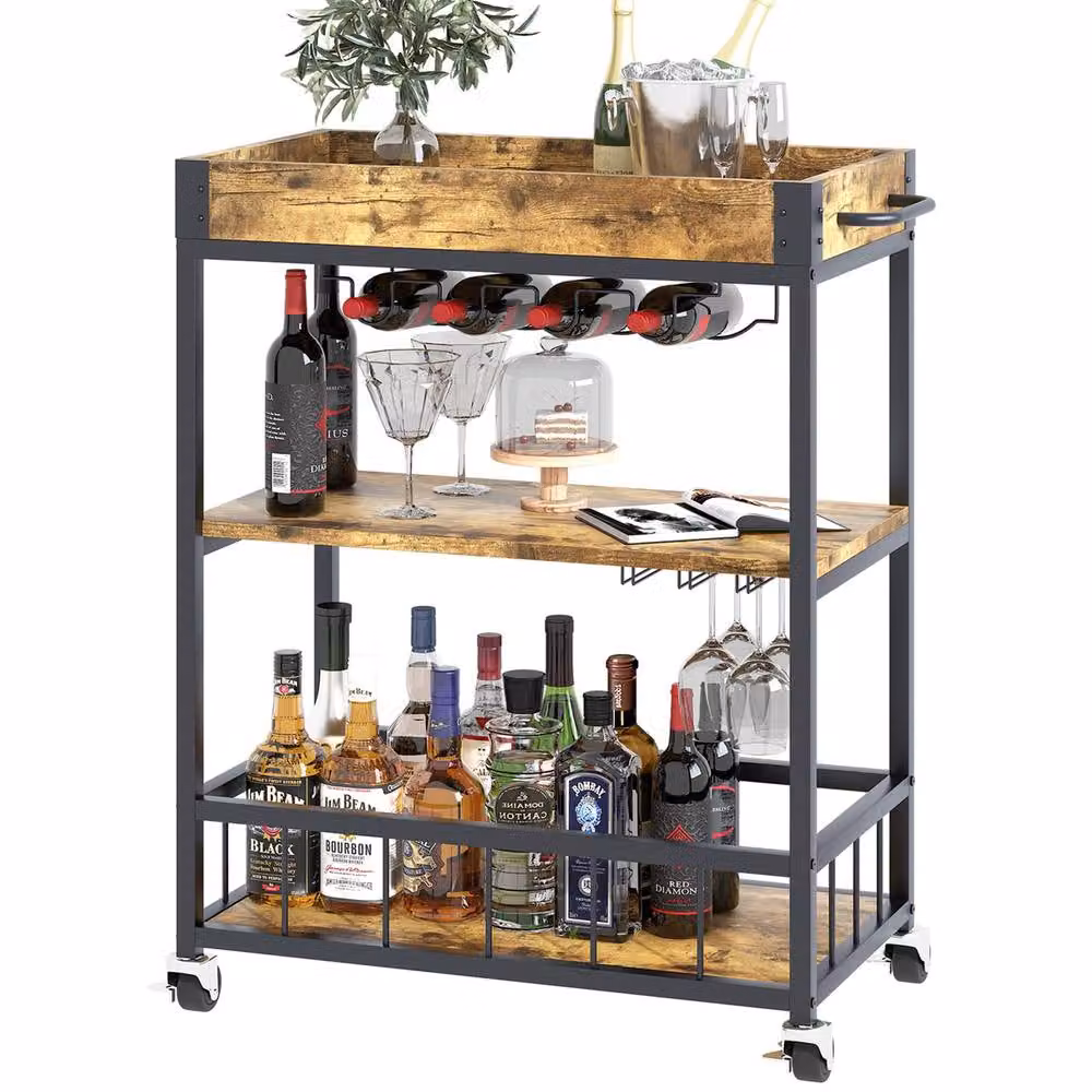 Huhote Brown Bar Cart with Wine Rack and Glass Shelves and Wheels – 2